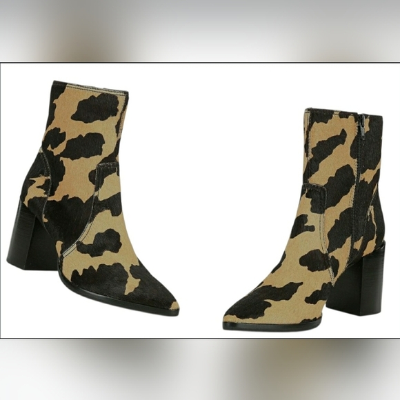 Western Size 8 Cow Print Leather Rider Calf Hair Block Heel Cowgirl Booties - Picture 3 of 6